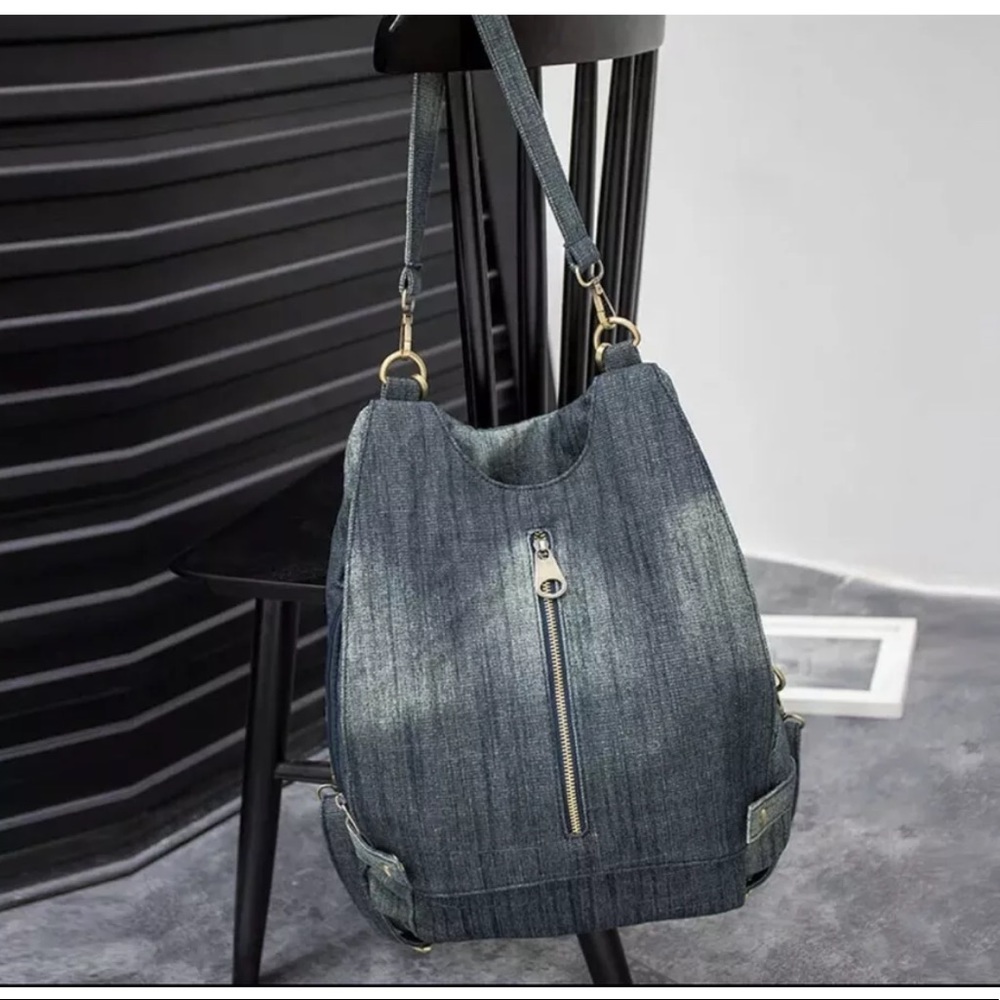 Denim backpack vintage washed multifunctional zipper shoulder bag